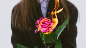 Preview wallpaper girl, rose, flower, fire, hands, flame