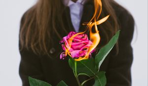 Preview wallpaper girl, rose, flower, fire, hands, flame