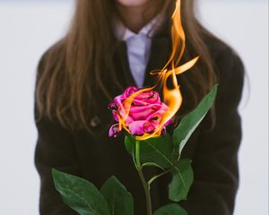 Preview wallpaper girl, rose, flower, fire, hands, flame