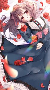 Preview wallpaper girl, roses, flowers, sad, anime