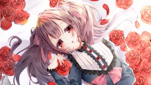 Preview wallpaper girl, roses, flowers, sad, anime