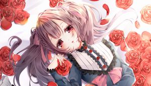 Preview wallpaper girl, roses, flowers, sad, anime