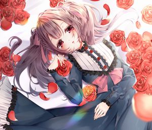 Preview wallpaper girl, roses, flowers, sad, anime