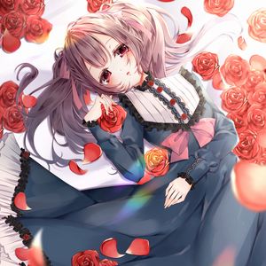 Preview wallpaper girl, roses, flowers, sad, anime