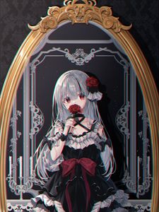 Preview wallpaper girl, roses, flowers, mirror, reflection, anime