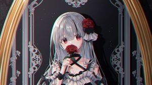 Preview wallpaper girl, roses, flowers, mirror, reflection, anime