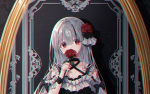 Preview wallpaper girl, roses, flowers, mirror, reflection, anime