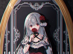 Preview wallpaper girl, roses, flowers, mirror, reflection, anime