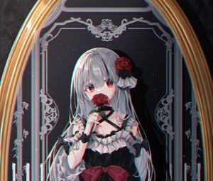 Preview wallpaper girl, roses, flowers, mirror, reflection, anime