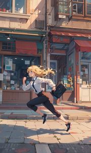 Preview wallpaper girl, running, street, bag, anime, art