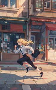 Preview wallpaper girl, running, street, bag, anime, art