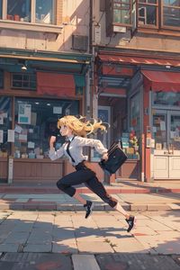 Preview wallpaper girl, running, street, bag, anime, art