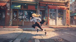 Preview wallpaper girl, running, street, bag, anime, art