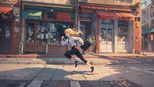 Preview wallpaper girl, running, street, bag, anime, art