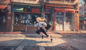 Preview wallpaper girl, running, street, bag, anime, art