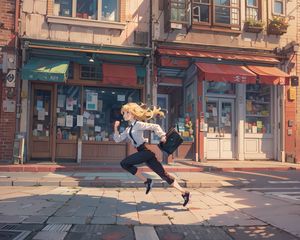 Preview wallpaper girl, running, street, bag, anime, art