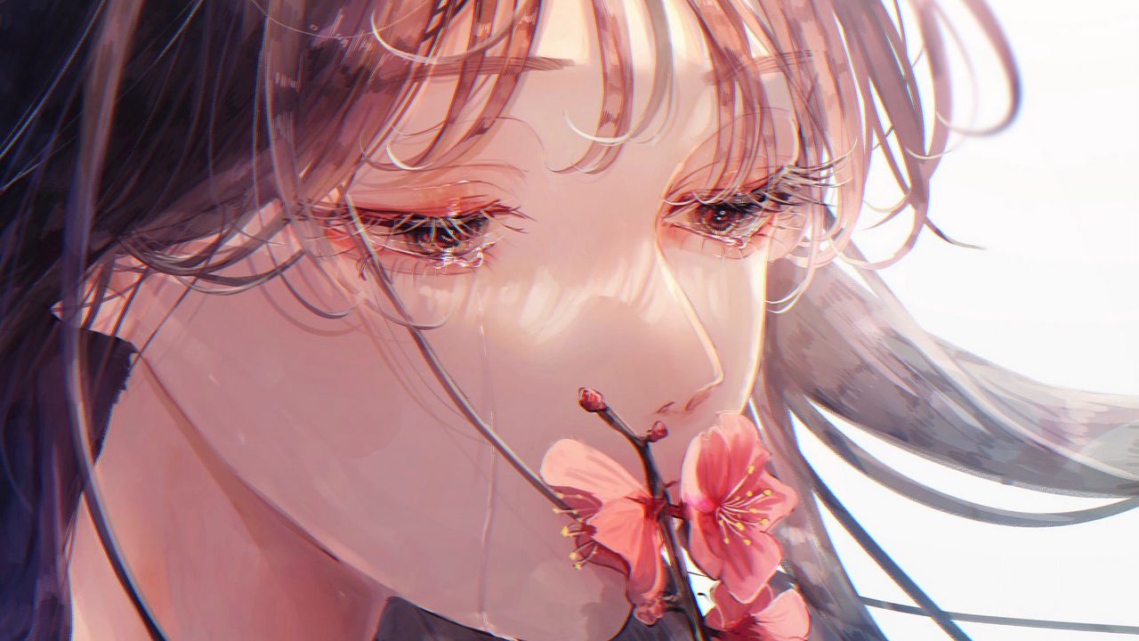 Wallpaper girl, sad, sakura, flowers, anime, art