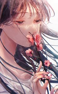 Preview wallpaper girl, sad, sakura, flowers, anime, art