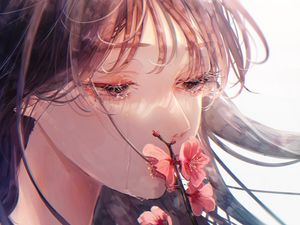Preview wallpaper girl, sad, sakura, flowers, anime, art