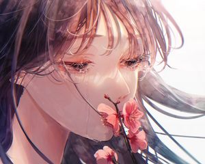 Preview wallpaper girl, sad, sakura, flowers, anime, art