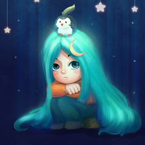 Preview wallpaper girl, sadness, art, bird, stars