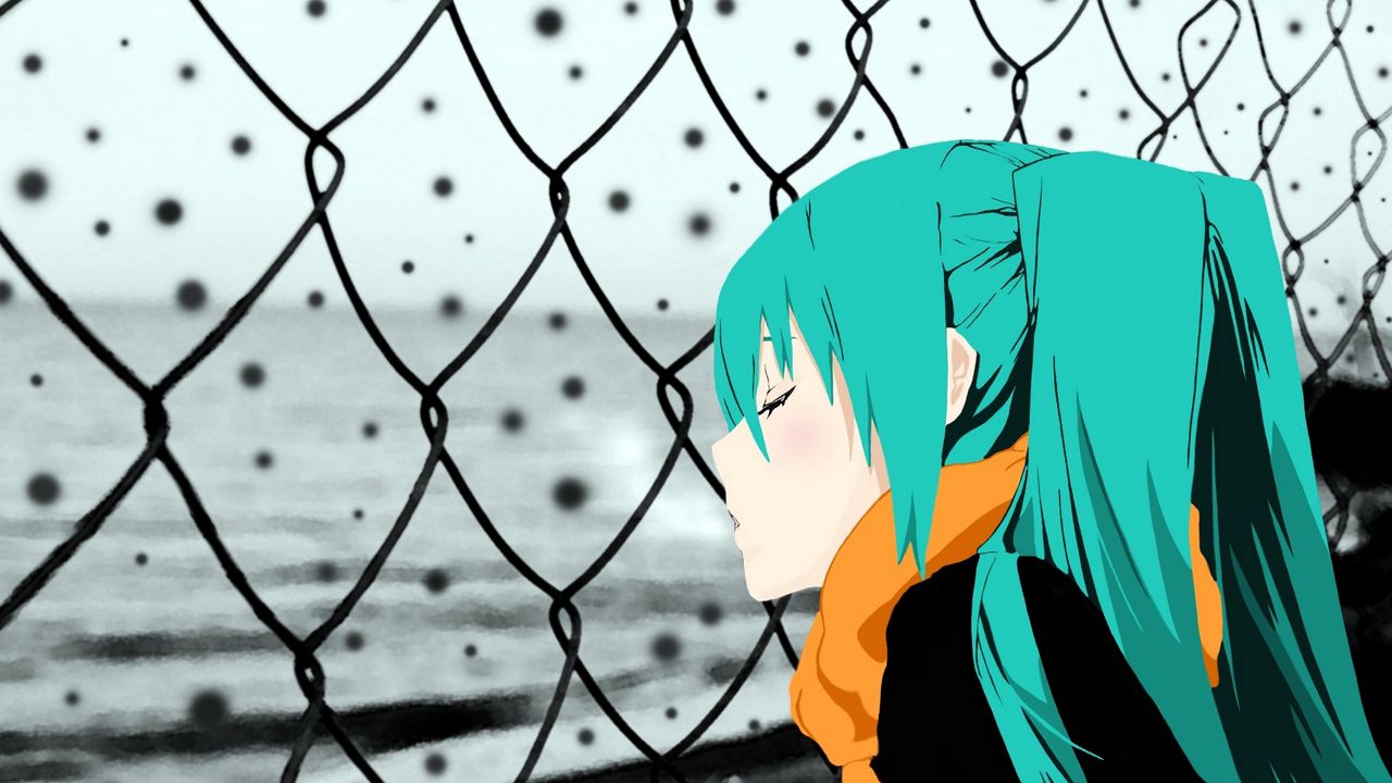 Wallpaper girl, sadness, scarf, fence, look