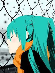 Preview wallpaper girl, sadness, scarf, fence, look