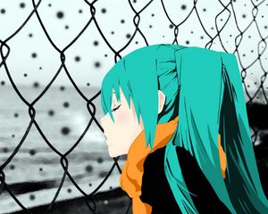 Preview wallpaper girl, sadness, scarf, fence, look