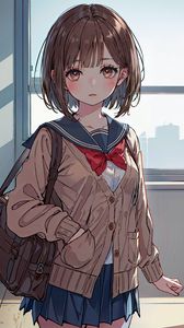 Preview wallpaper girl, sailor suit, bag, window, anime, art