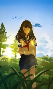 Preview wallpaper girl, sailor suit, field, hills, summer, anime, art