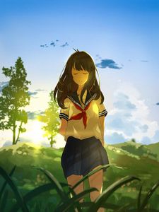 Preview wallpaper girl, sailor suit, field, hills, summer, anime, art