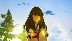 Preview wallpaper girl, sailor suit, field, hills, summer, anime, art