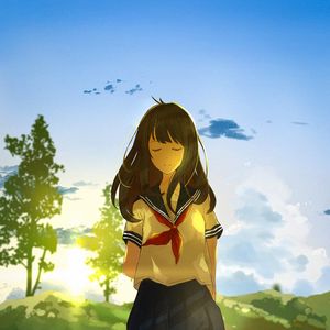 Preview wallpaper girl, sailor suit, field, hills, summer, anime, art