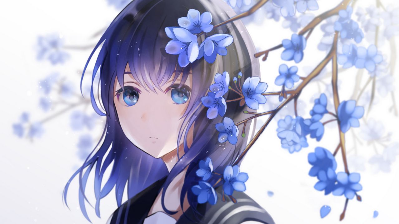 Wallpaper girl, sailor suit, flowers, petals, anime, blue