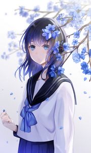 Preview wallpaper girl, sailor suit, flowers, petals, anime, blue