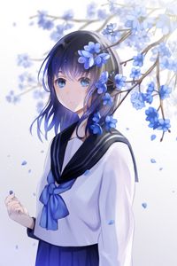 Preview wallpaper girl, sailor suit, flowers, petals, anime, blue