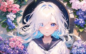 Preview wallpaper girl, sailor suit, flowers, window, anime
