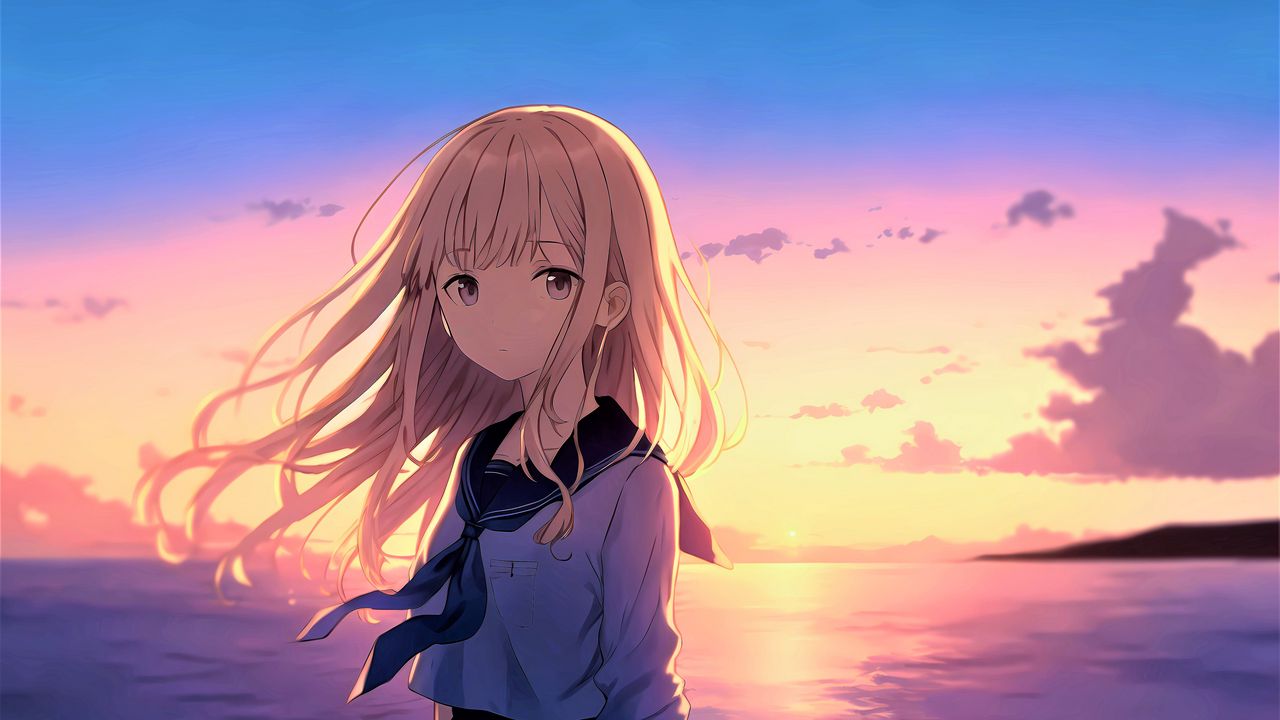 Wallpaper girl, sailor suit, hair, sea, anime hd, picture, image