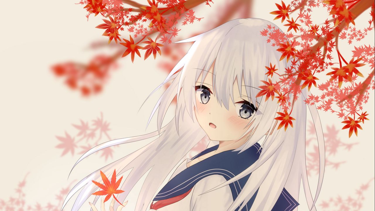 Wallpaper girl, sailor suit, leaves, maple, autumn, anime