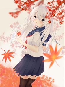 Preview wallpaper girl, sailor suit, leaves, maple, autumn, anime