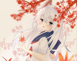 Preview wallpaper girl, sailor suit, leaves, maple, autumn, anime