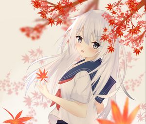 Preview wallpaper girl, sailor suit, leaves, maple, autumn, anime