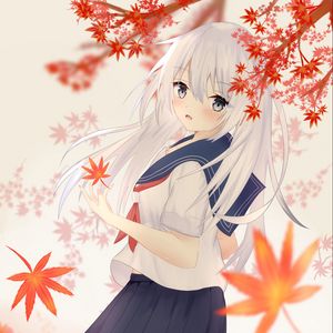 Preview wallpaper girl, sailor suit, leaves, maple, autumn, anime