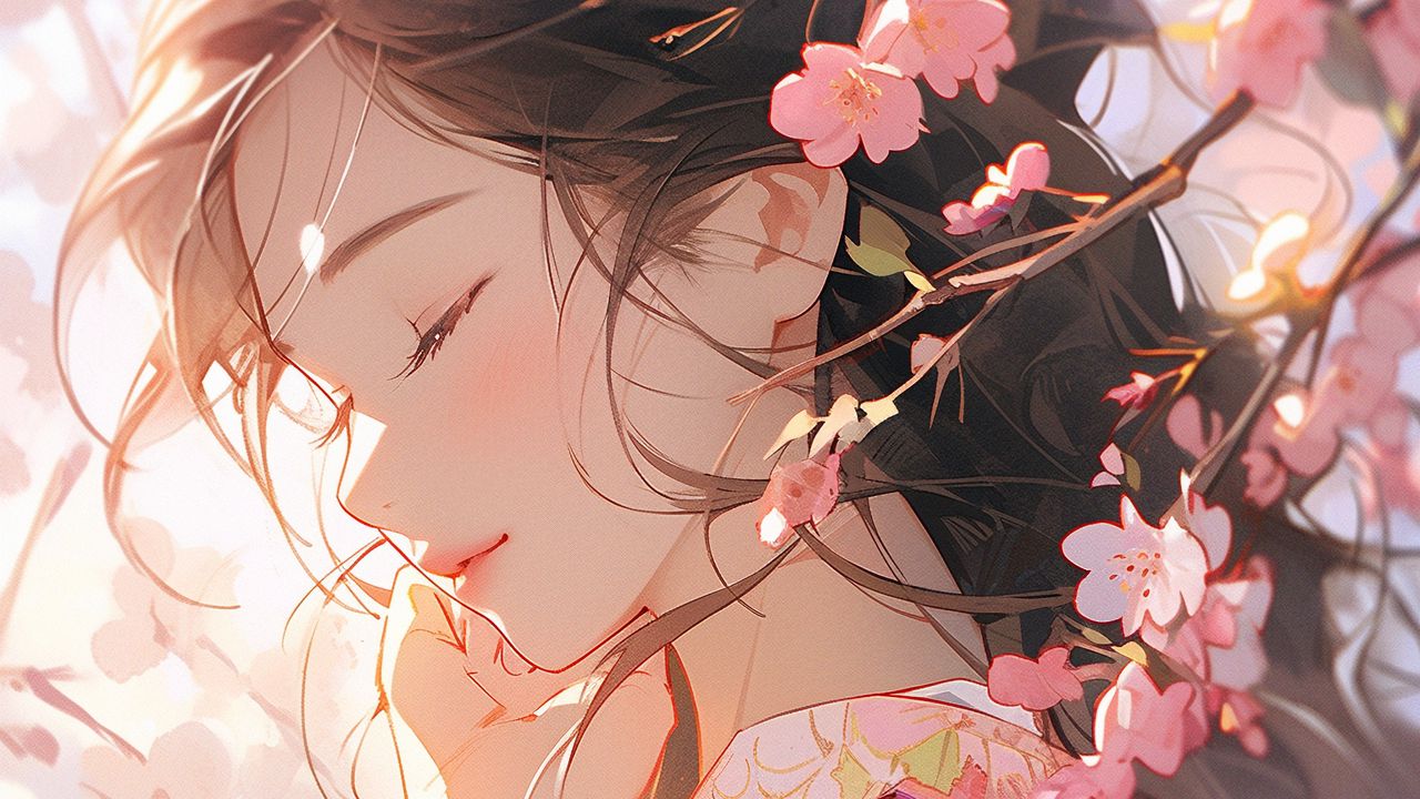 Wallpaper girl, sakura, flowers, petals, art, tenderness