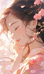 Preview wallpaper girl, sakura, flowers, petals, art, tenderness