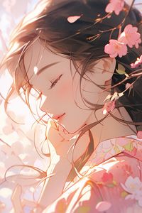 Preview wallpaper girl, sakura, flowers, petals, art, tenderness