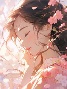 Preview wallpaper girl, sakura, flowers, petals, art, tenderness