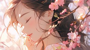 Preview wallpaper girl, sakura, flowers, petals, art, tenderness