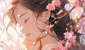 Preview wallpaper girl, sakura, flowers, petals, art, tenderness