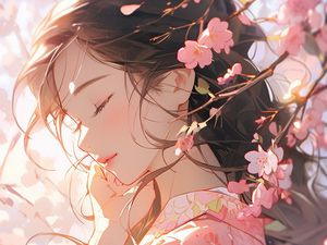 Preview wallpaper girl, sakura, flowers, petals, art, tenderness